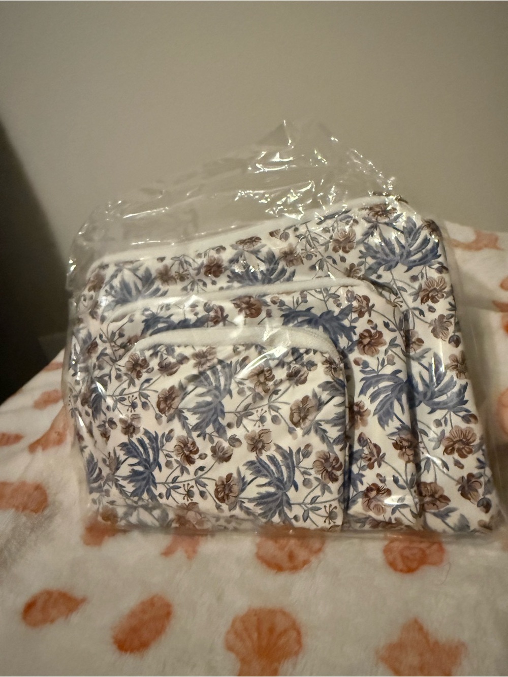 Floral Blue and Brown Cosmetic Pouch Set